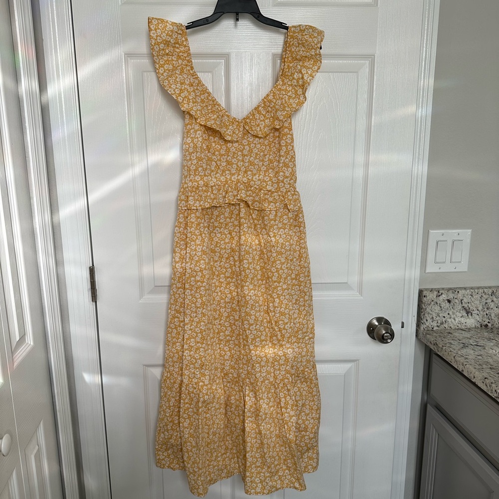 J. Crew V-neck Ruffle Midi Dress in Warm Honey Ivory